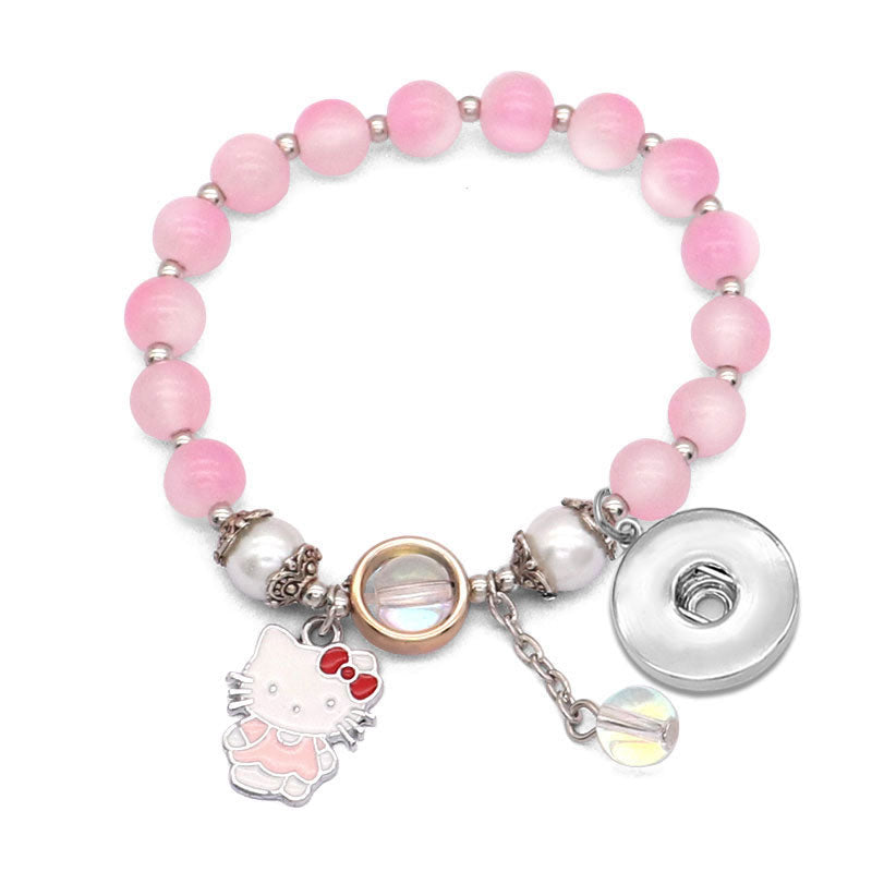 Pink Beaded Stretch Bracelet with Hello Kitty and Snap Base Charm