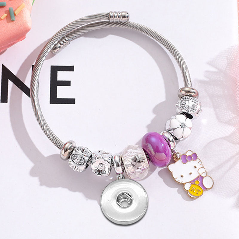 Purple Hello Kitty Stainless Steel Beaded Charm Bangle Bracelet with Snap Jewelry Charm Base fits 18MM or 20MM Snaps