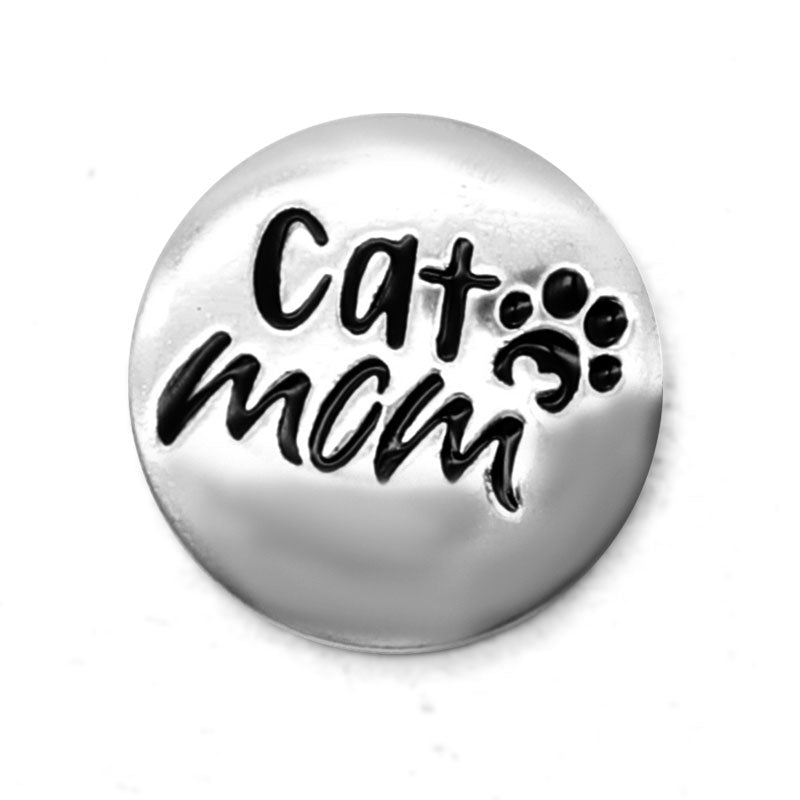 Silver Plated Black Enamel Cat Mom Snap Jewelry Charm 20MM