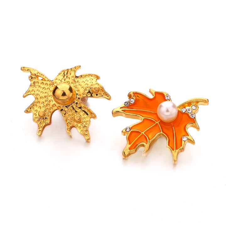 Gold Plated Fall Maple Leaf Orange Enamel with Clear Rhinestone and Pearl 20MM Snap Jewelry Charm