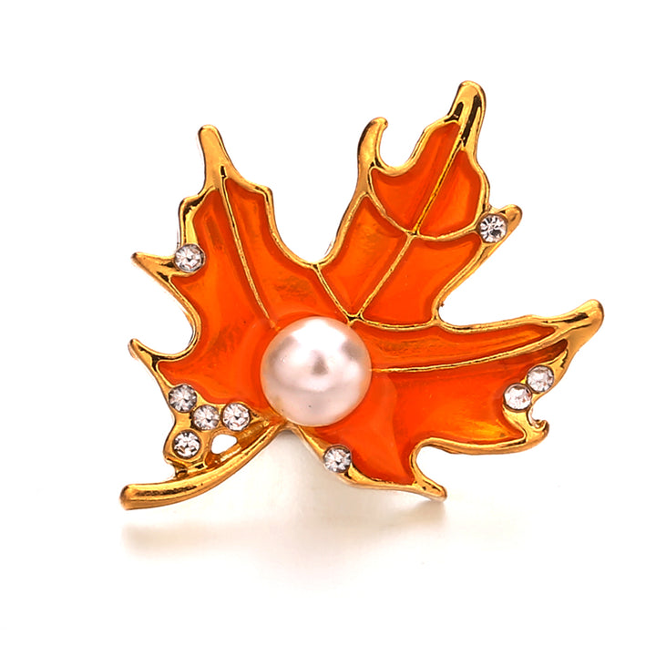 Gold Plated Fall Maple Leaf Orange Enamel with Clear Rhinestone and Pearl 20MM Snap Jewelry Charm