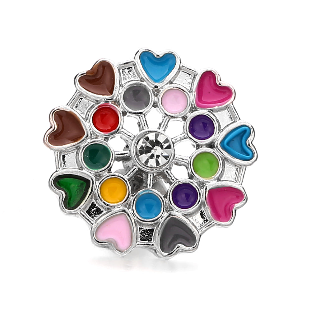 The Colors of Love Enamel Hearts Silver Plated Snap Jewelry Charm 20MM with Clear Rhinestone Center