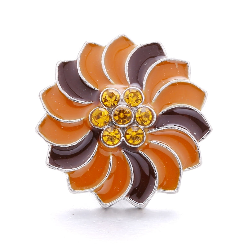 Orange & Brown Enamel Flower with Yellow Topaz Rhinestones Silver 20MM Snap