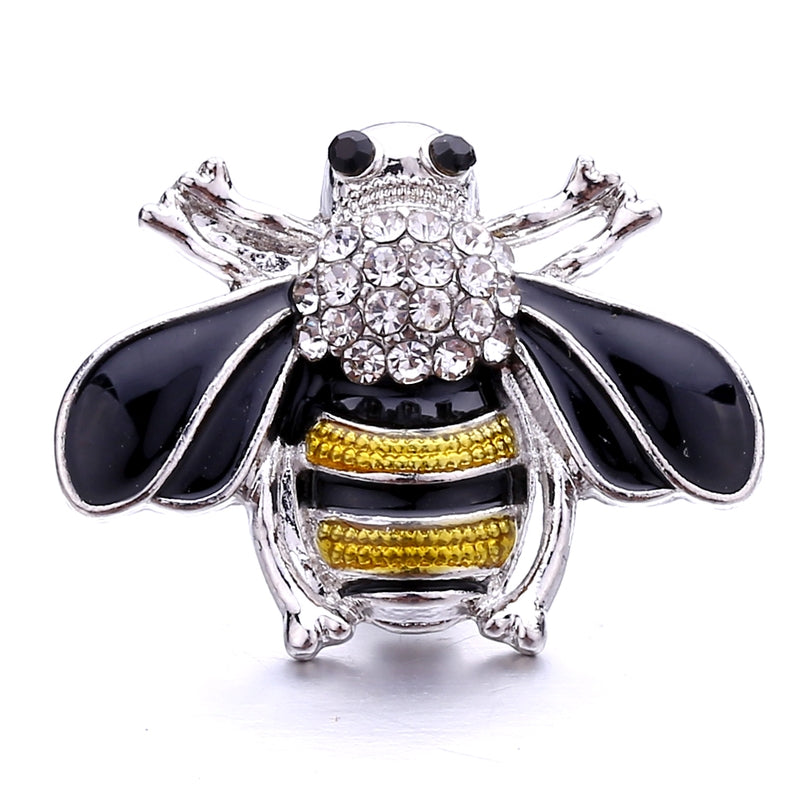 Sweet Honeybee Silver Plated, Black Enamel Clear Rhinestone Bee Snap Jewelry Charm 20MM
