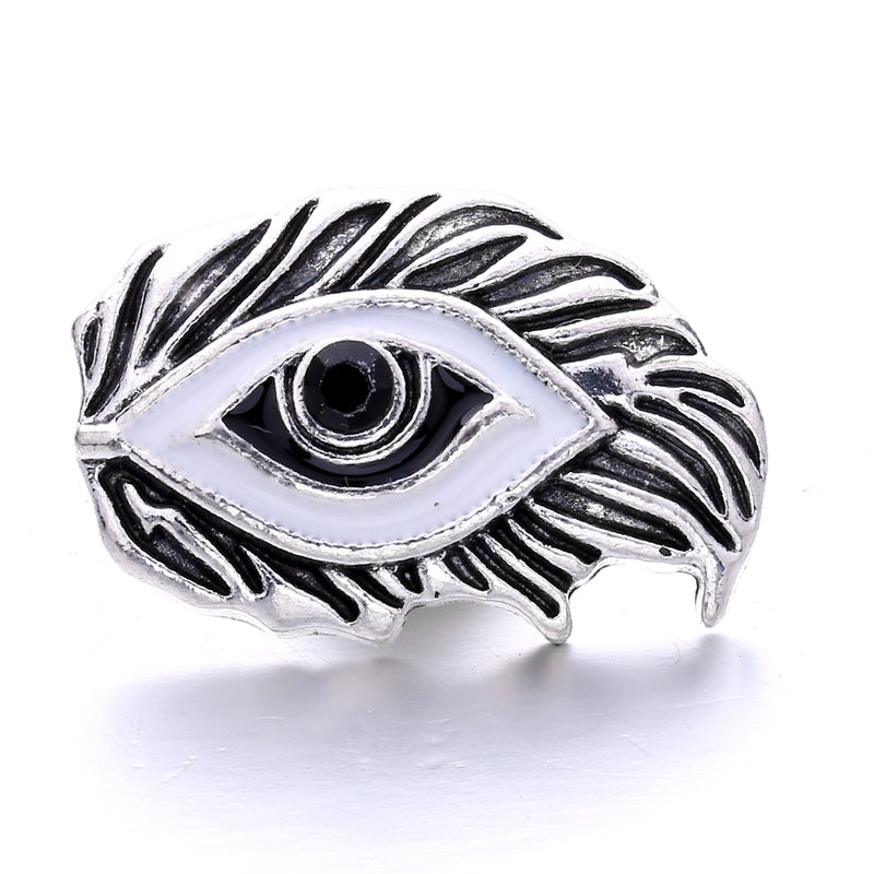 Silver Plated Feather Evil Eye Black and White Enamel Snap Jewelry Charm 20MM with Black Rhinestone Center