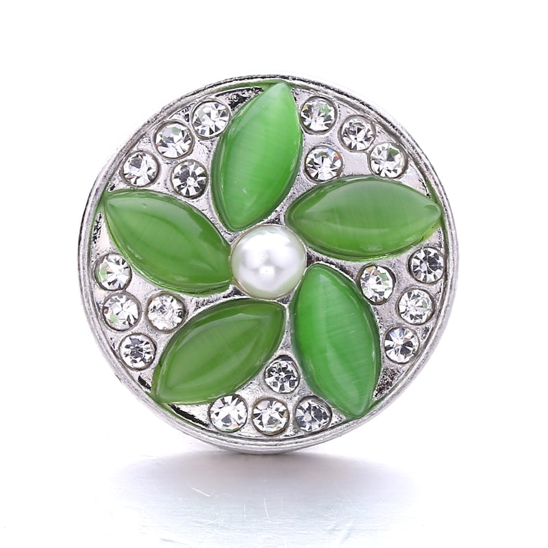 Green Resin, Pearl and Clear Rhinestone Flower 20MM Snap for Interchangeable Jewelry