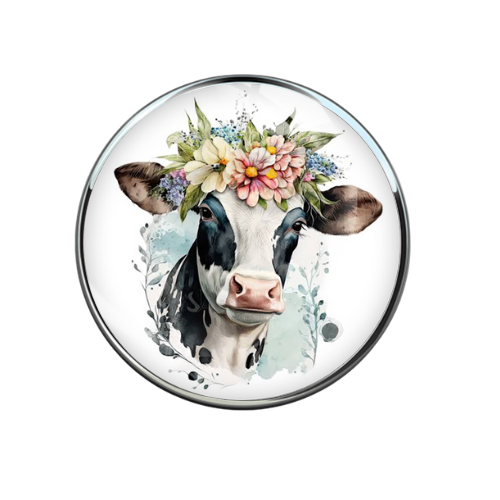 Sweet Cow with Flower Tiara Print Glass 20MM Snap Jewelry Charm