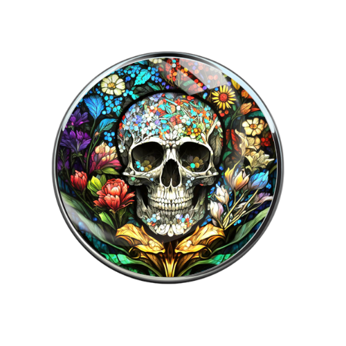 Stained Glass Colorful Skull and Flowers Print Glass Snap Jewelry Charm 20MM