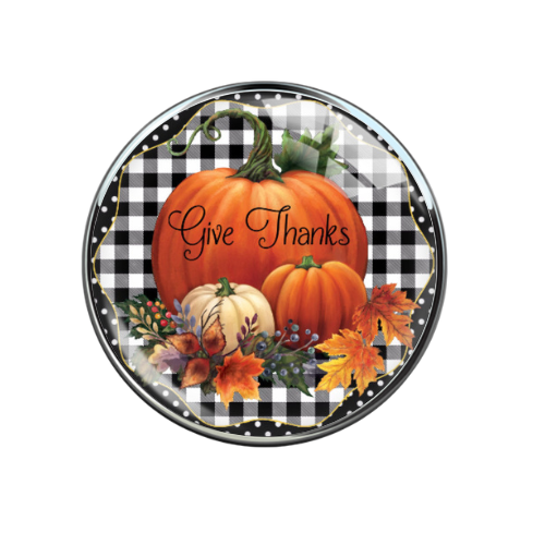 Give Thanks Pumpkin & Gingham Print Glass 20MM Snap Jewelry Charm