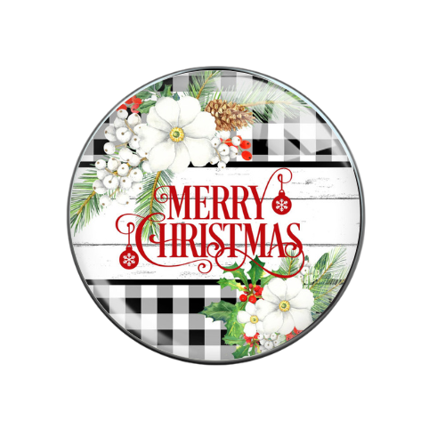 Merry Christmas Floral Gingham Print Glass 20MM Snap Jewelry Charm