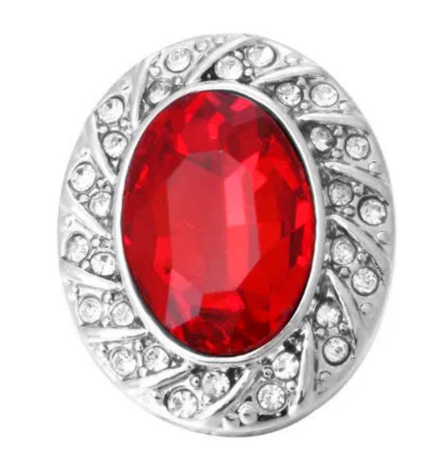 Classy Ruby Oval Rhinestone w/Clear Rhinestone Accents Silver Metal 20MM Snap for Interchangeable Jewelry and Accessories