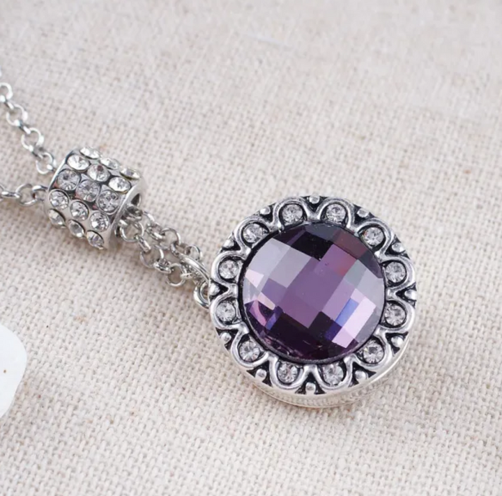 Sparkly Purple Rhinestone Antique Silver Plated Clear Rhinestone Border Vintage Inspired 20MM Round Snap Jewelry Charm
