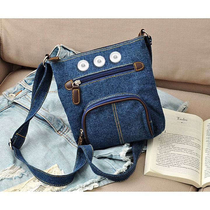 Denim Cross Body Bag Triple Snap Jewelry Charm Accent