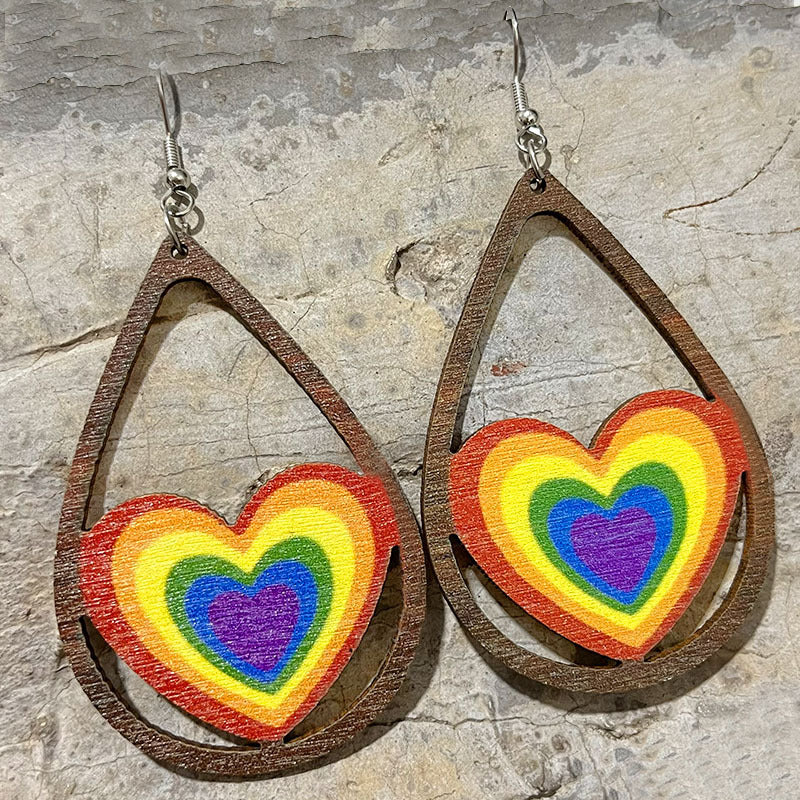 Rainbow Heart Pride LGBT Teardrop Wood Dangle Earrings