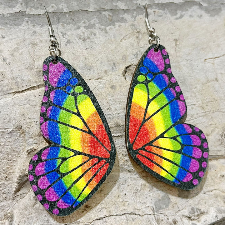 Rainbow Butterfly Wing Pride LGBT Wood Dangle Earrings