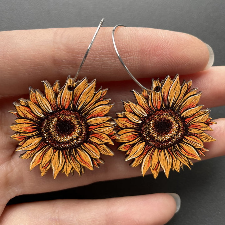 Wooden Painted Sunflower Dangle Hoop Earrings