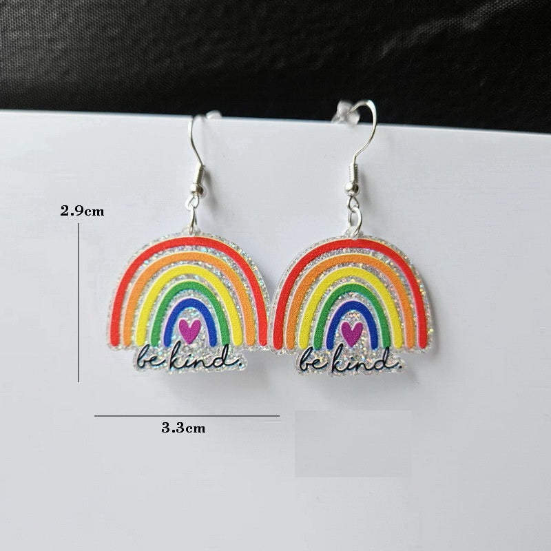 Acrylic Be Kind Rainbow Silver Glitter Earrings LGBT Pride