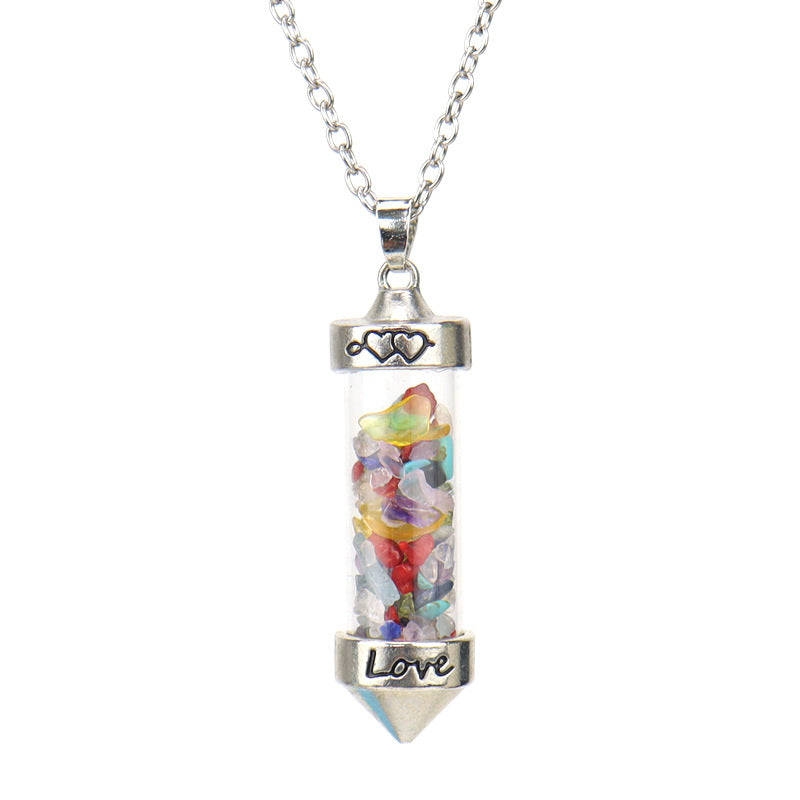 Colorful Gemstone Chips Wishing Bottle Love Glass Bottle Pendulum Pendant Necklace