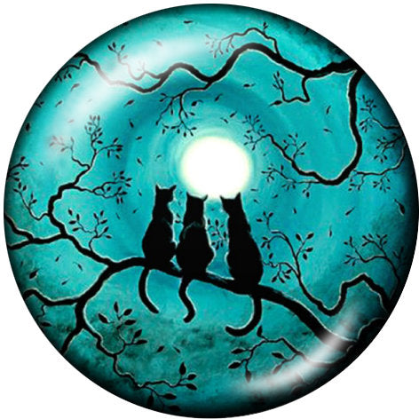 Three Black Cats in Moonlight Teal Print Glass 20MM Snap