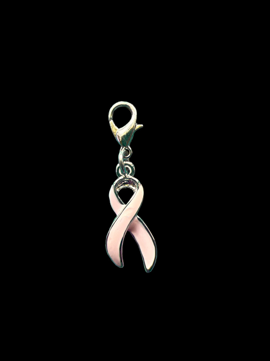 Pink Ribbon Breast Cancer Awarenes Charm, Silver Plated with Pink Enamel and Lobster Clasp Clip