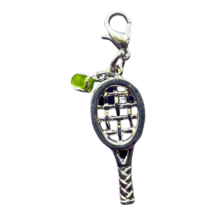 Silver Tennis Racquet with Dangle Ball Charm Lobster Clasp Clip