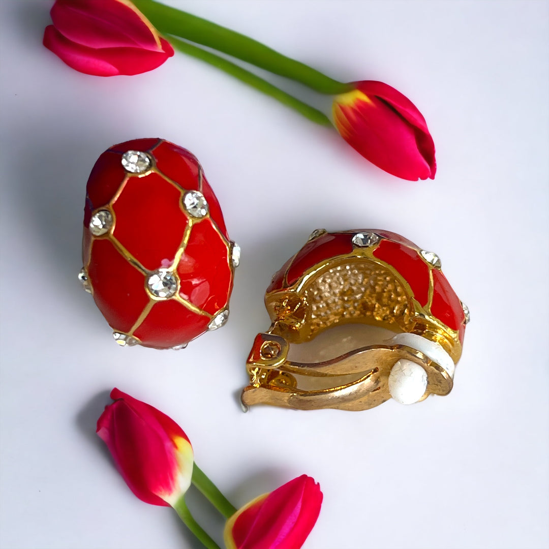 Gold & Red Enamel w/ Clear Rhinestone Gridded Clip Earrings