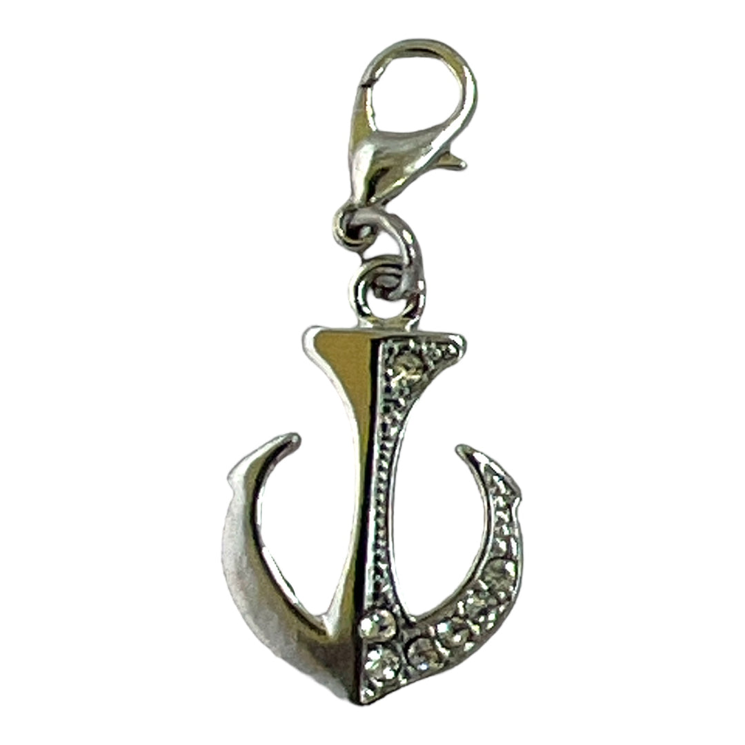 Silver Anchor Charm Clip Lobster Clasp with Clear Rhinestones