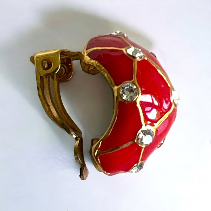 Gold & Red Enamel w/ Clear Rhinestone Gridded Clip Earrings