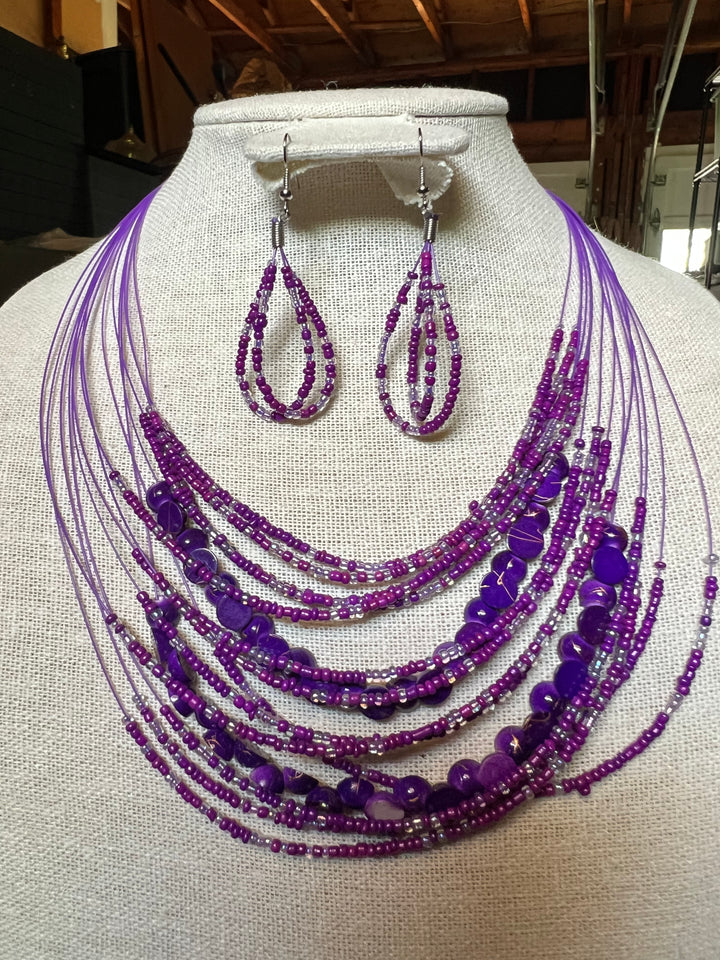 15 Strand Seed Bead and Flat Round Bead Necklace with Bonus Matching Seed Bead Teardrop Earrings!