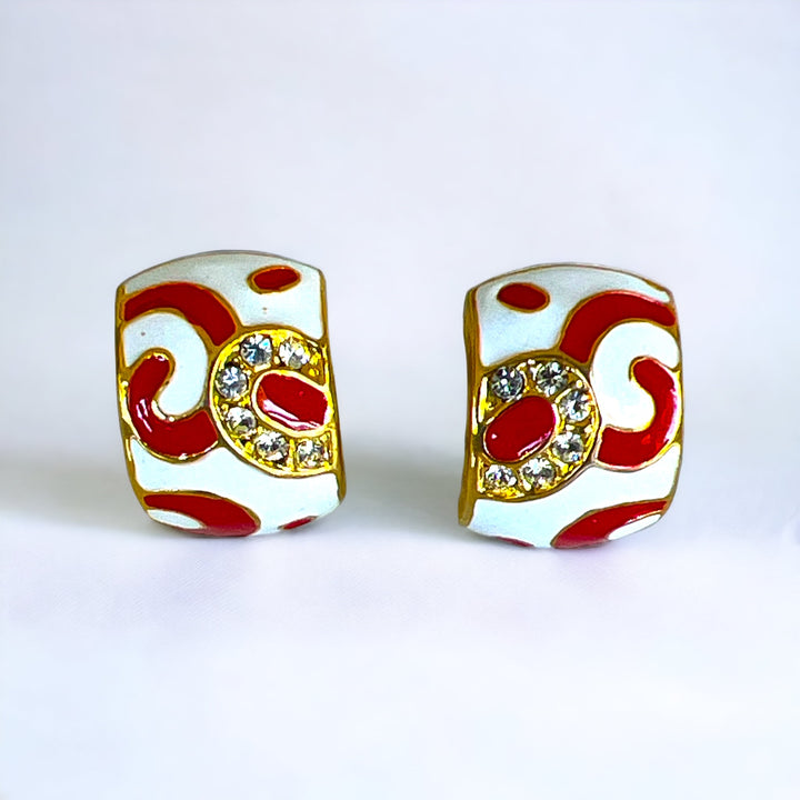 Glamour Swirl Red & White Enamel, Clear Rhinestone, Gold Clip Earrings