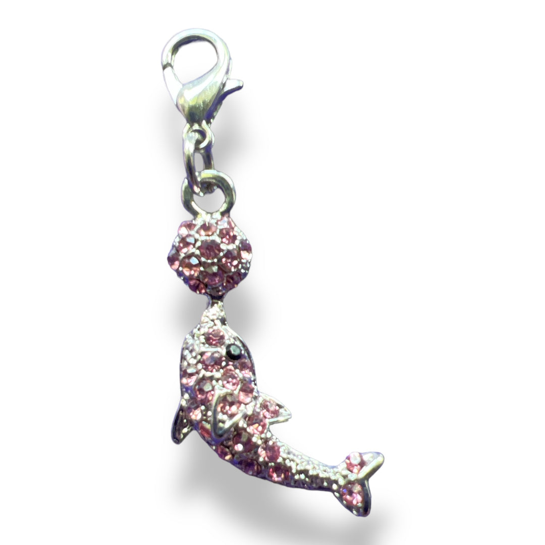 Silver Plated Dolphin and Ball Charm with Pink Rhinestones and Lobster Clasp Clip