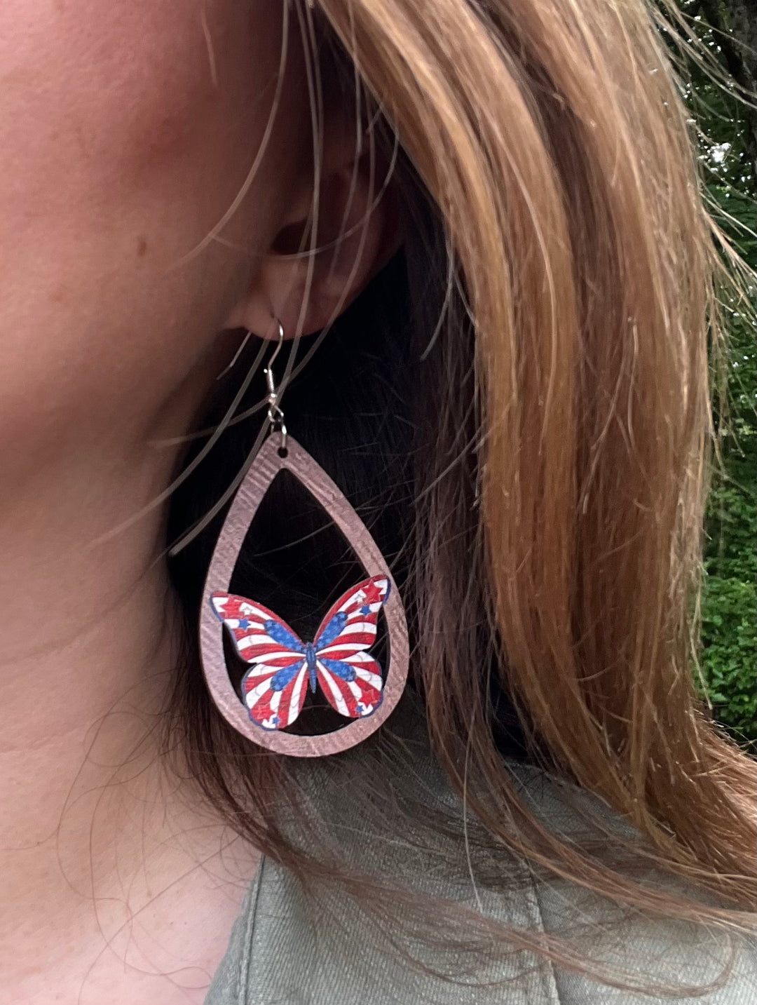 Patriotic American Flag Butterfly Teardrop Wood Dangle Earrings