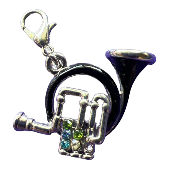 Silver plated French Horn Charm with Black Enamel, Colorful Rhinestones, Lobster Clasp Clip