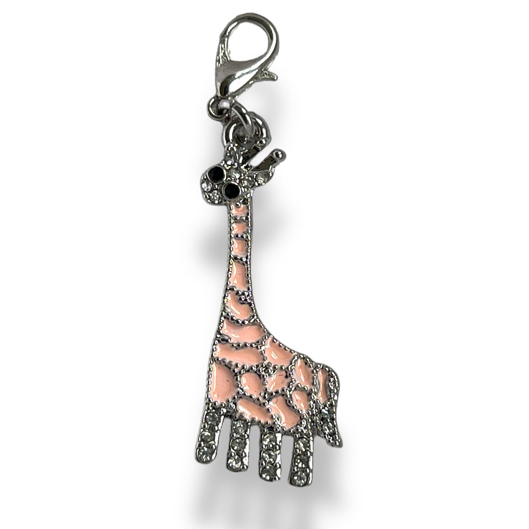 Peachy Pink Enamel Giraffe Silver Charm with Lobster Clasp Clip and Rhinestone Eyes and Legs