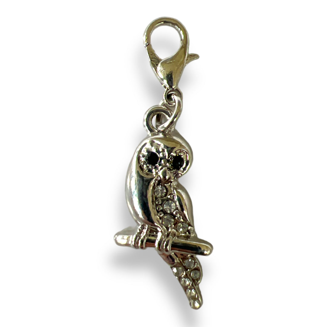 Silver Owl on Branch Charm Lobster Clasp Clip