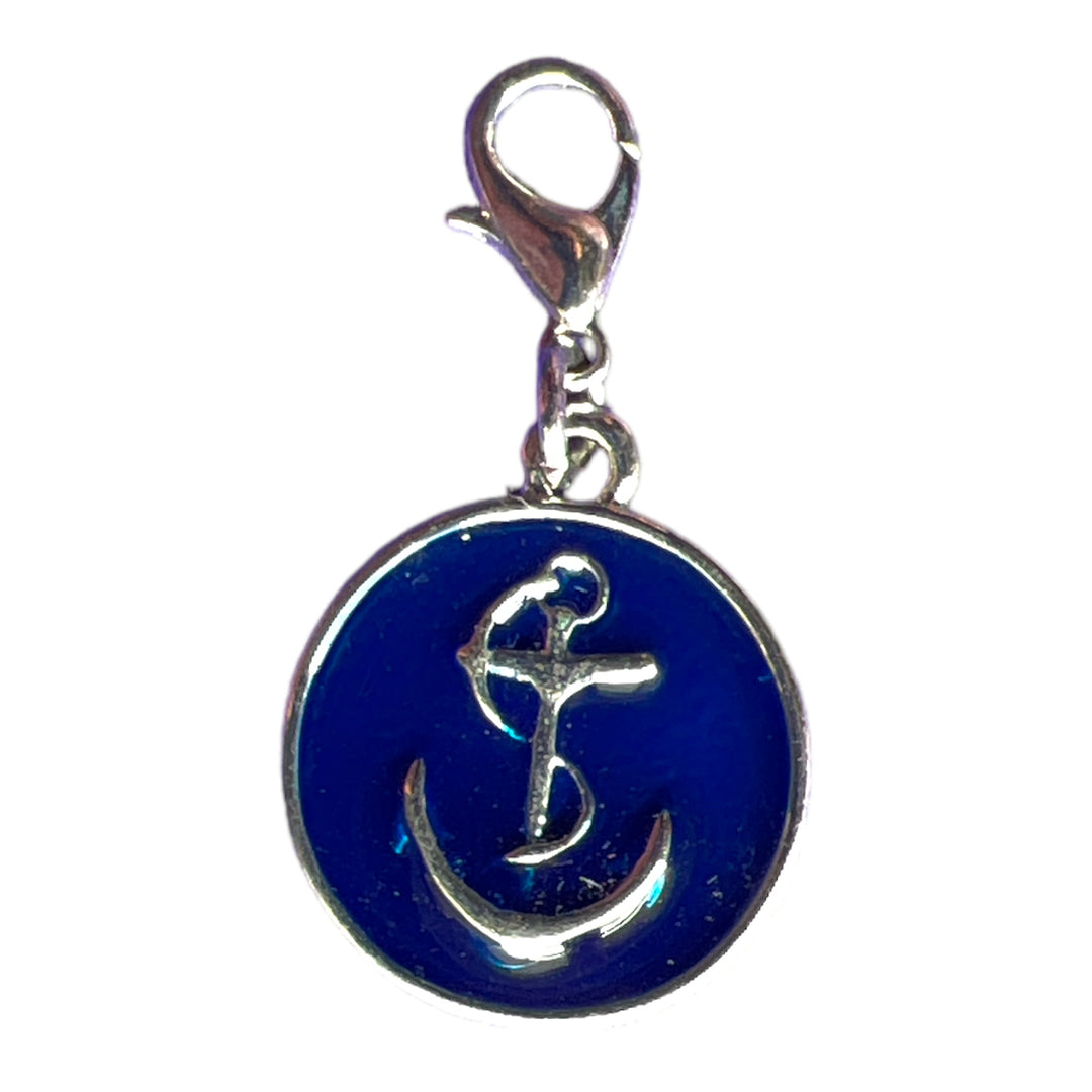 Round Medallion Navy Blue Enamel Silver Anchor Charm Lobster Clasp Clip