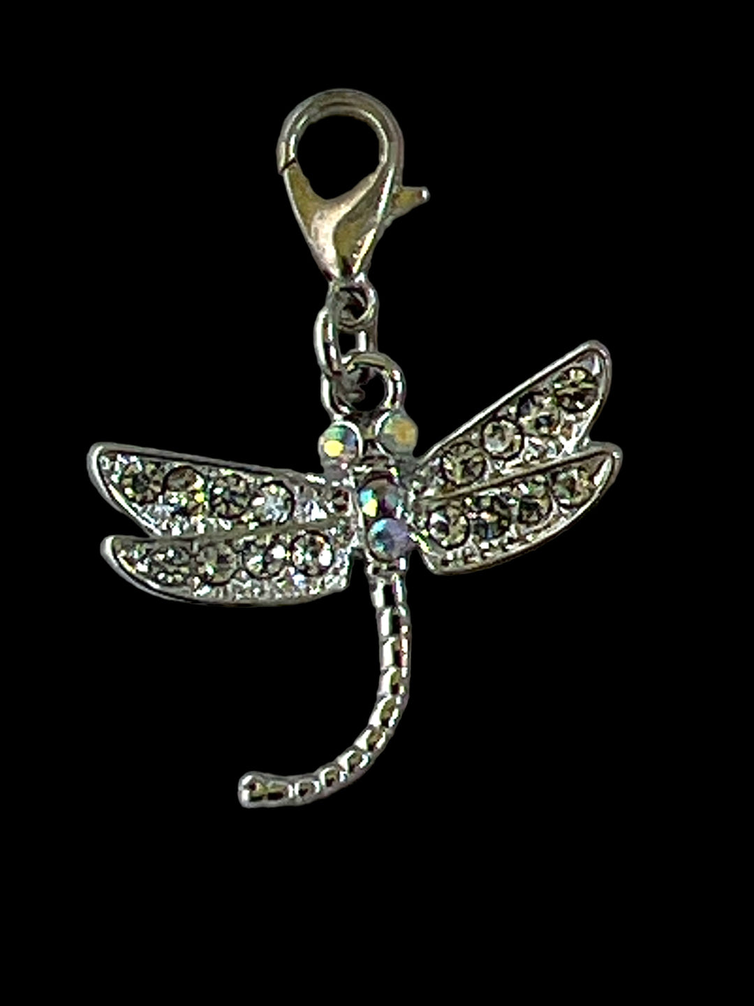 Silver Dragonfly Charm with Rhinestones and Lobster Clasp Clip