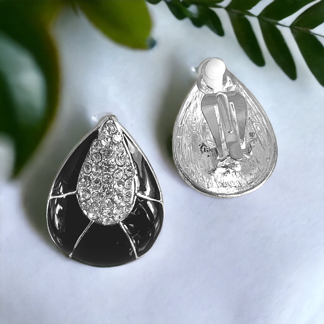 Silver w/ Black Enamel & Clear Rhinestones Teardrop Shape Clip Earrings