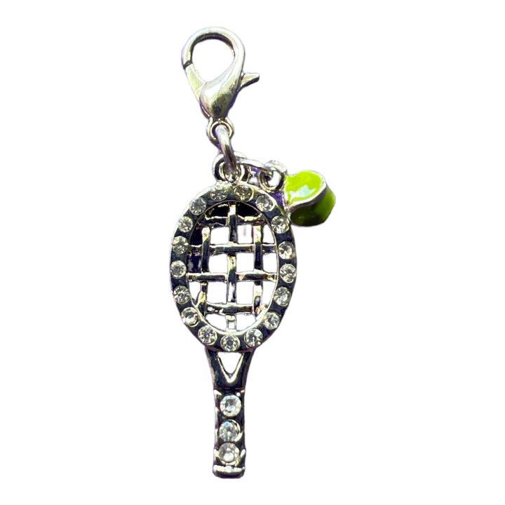 Silver Tennis Racquet with Dangle Ball Charm Lobster Clasp Clip