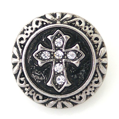 20MM Antique Silver and Black Enamel Cross Snap with Clear