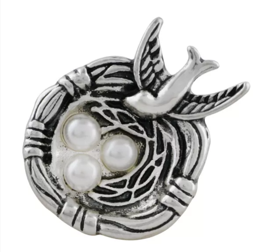 20MM Antique Silver Bird Nest w/ Pearl Eggs Snap - Snap