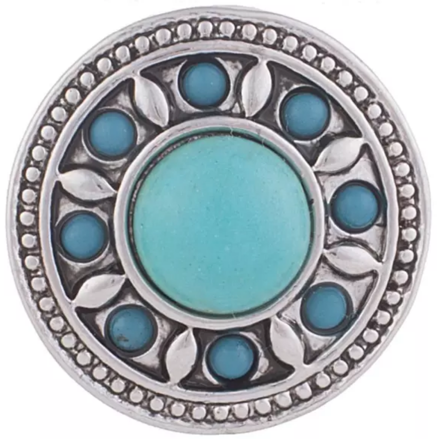 20mm Antique Silver Plated Round Snap with Turquoise - Snap