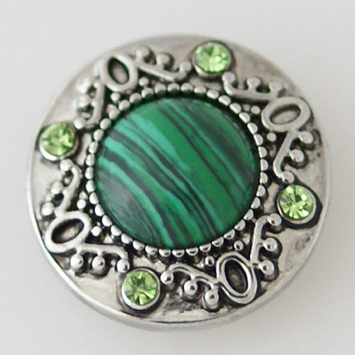 20MM Antique Silver Plated Snap w/ Malachite and Rhinestones