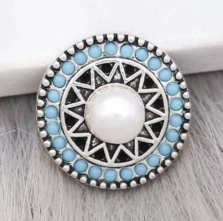 20MM Antique Silver Round Snap w/Cyan Beads - Snap