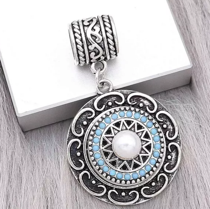 20MM Antique Silver Round Snap w/Cyan Beads - Snap