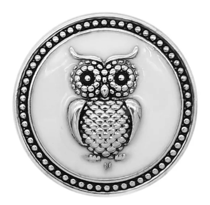 20MM Antique Silver White Enamel Owl Snap - Snap