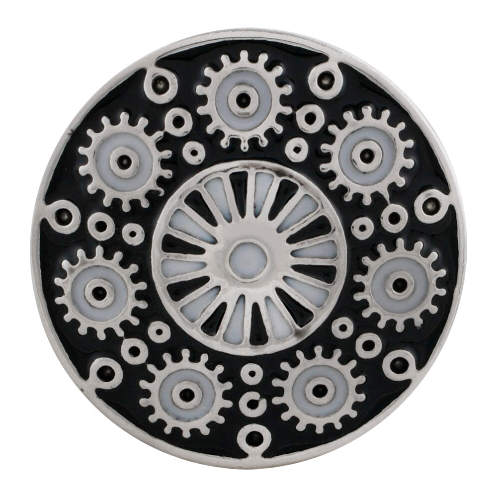 20MM Black & White Enamel on Silver Cog Wheel Design Snap -