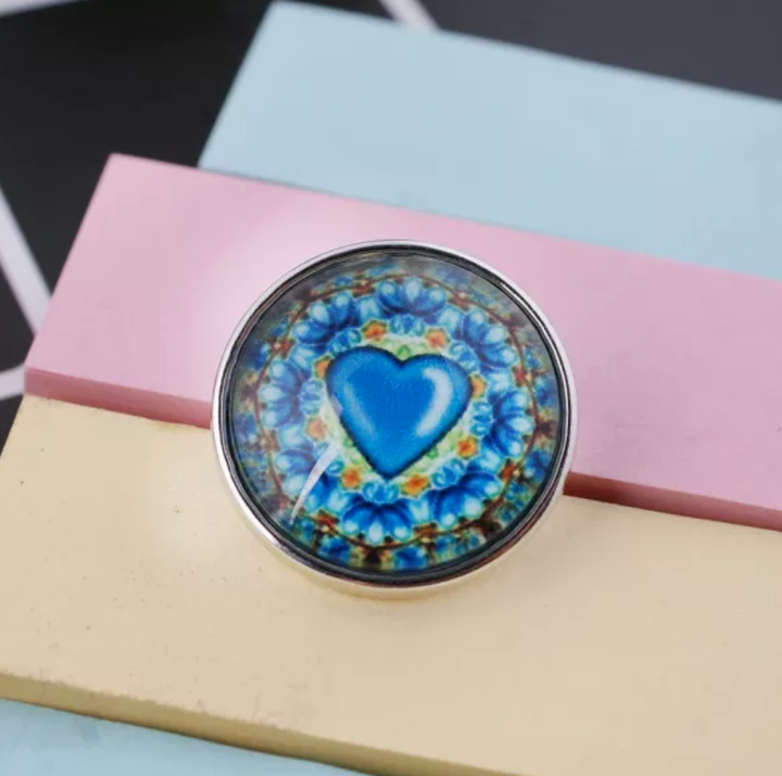 20MM Blue Heart Design Glass Print Snap - Snap