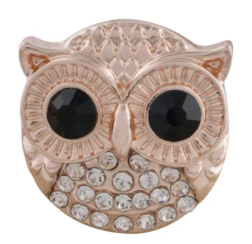 20MM Rose Gold Black & Clear Rhinestone Owl Snap - Snap