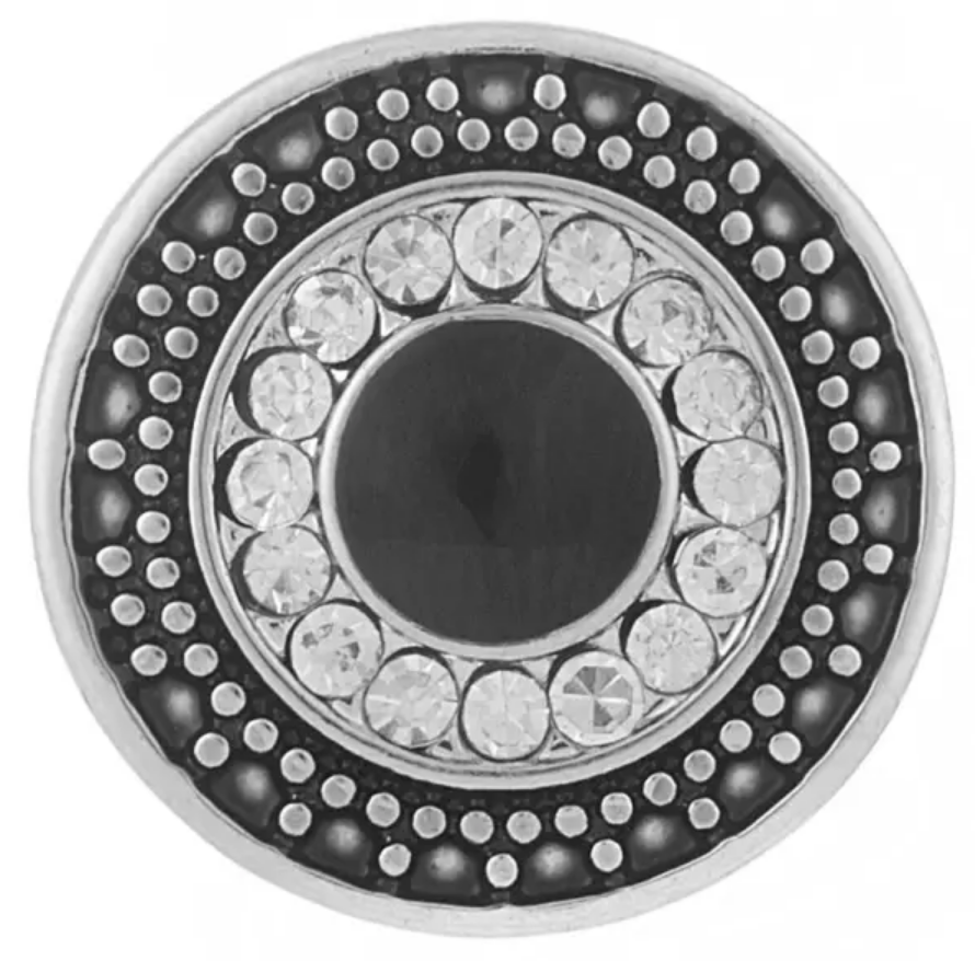 20MM Round Antique Silver Snap w/ Black Enamel & Rhinestones